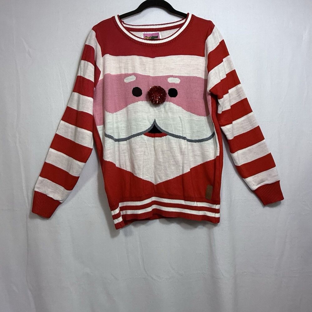 Tipsy Elves Santa's Close Up Red White Striped Ugly Christmas Sweater Men's L